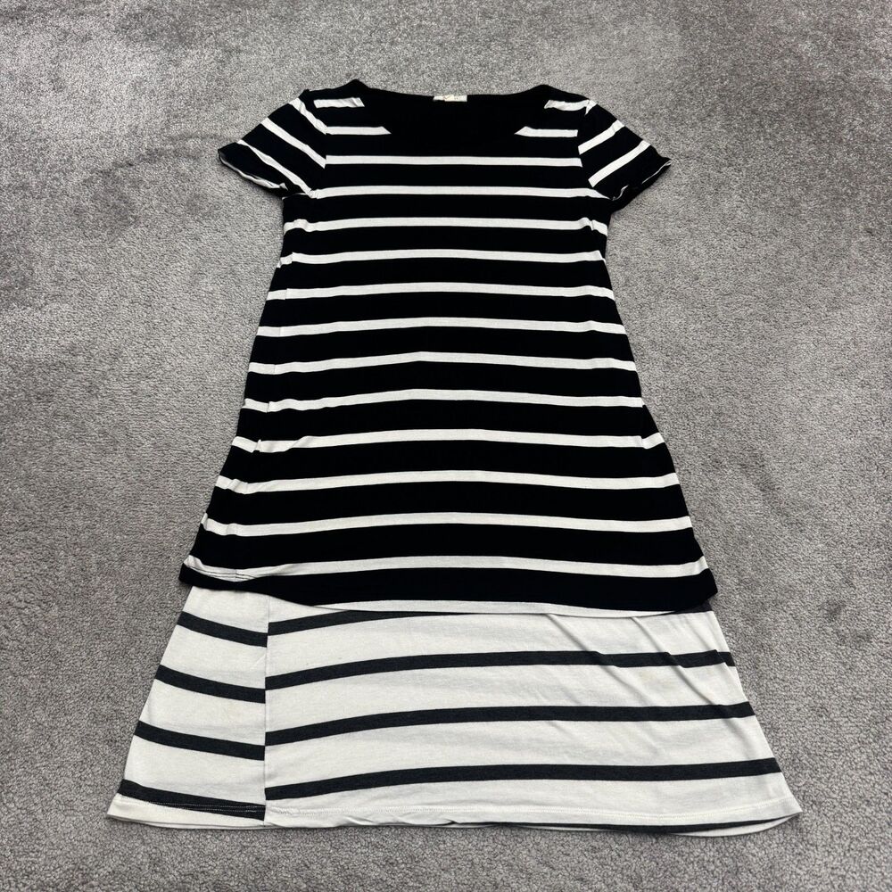 Pleione Layered Midi T-Shirt Dress Womens XS Black White Striped Short Sleeve